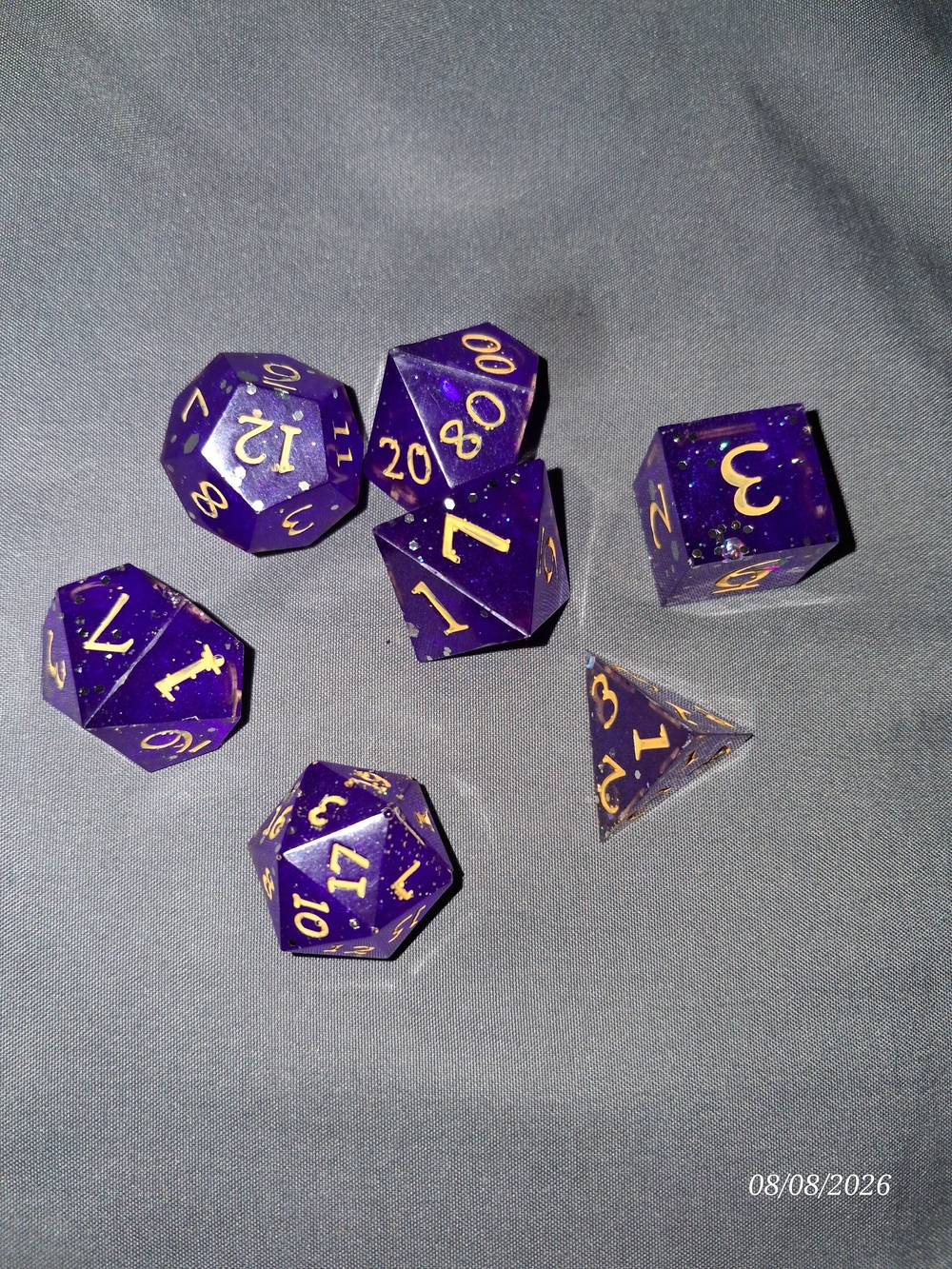 ✨ Purple Resin Glitter DND Dice Set | Gold Numbers | Tabletop RPG